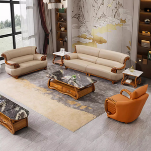 Ensemble de canapés de salon luxueux en cuir véritable, mobilier de luxe léger, placage de bois Wujin, canapé quatre places - Product Image 3