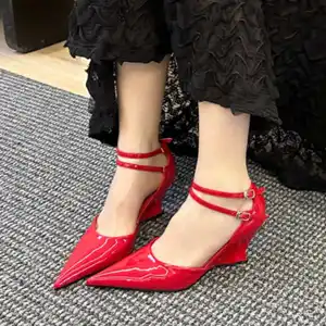 New Styles Elegant Lady Ankle Strap Pointed Toe Red Wedge Heels for Women