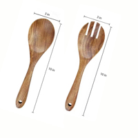 Set peralatan makan datar kayu pernis alami, Set sendok Salad sayuran warna cokelat panjang 25cm, sendok garpu tangan