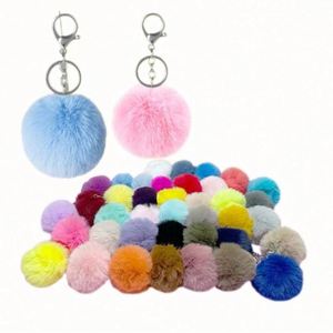 Wholesale Rainbow Puffball Plush Keychains Bulk Faux Fluffy Fur Real Poms Pompom Puff Heart Balls Metal and Fur Material - Product Image 2