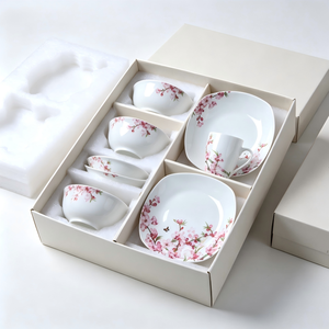 Service de table carré en porcelaine motif fleurs de pêcher – Assiettes, bols et tasses en céramique florale pour cadeau, mariage, maison, repas occidentaux - Product Image 4