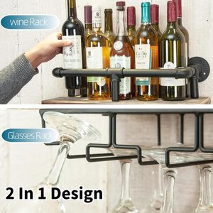 <strong>Industrial</strong> Wall Mounted Wine Rack Wine Bottle Stemware Glass Rack Floating Shelf <strong>Pipe</strong> Hanging <strong>Shelving</strong> with Glass Holders - Product Image 3