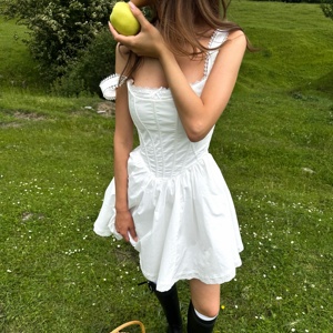 Vestido Corto Personalizado para Mujer, Estilo Corsé Blanco, con Encaje, Tirantes Finos, Cuello Cuadrado, Estilo Vintage, para Fiesta Campestre - Product Image 2
