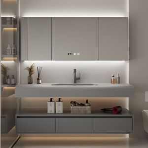 Keli Nai integrated basin rubber wood baking paint intelligent <b>mirror</b> cabinet easy to clean bathroom cabinet - Product Image 1