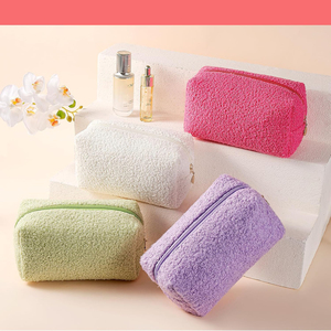 Custom Logo Soft Fleece Plush Pink Floral <b>Makeup</b> Eco Friendly Hanging Zipper Terry Cloth Travel Cosmetic Bag <b>case</b> - Product Image 5
