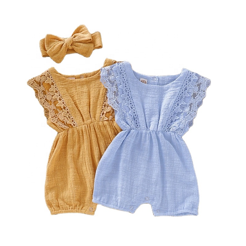 Оптовая продажа; Одежда для новорожденных девочек; Хлопковый льняной комбинезон с короткими рукавами и бантом