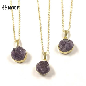 WT-N348 Wholesale Natural Round Druzy <strong>Amethyst</strong> <strong>Necklace</strong>, Hot Tiny Raw <strong>Amethyst</strong> <strong>Necklace</strong> With Gold Dipped - Product Image 1