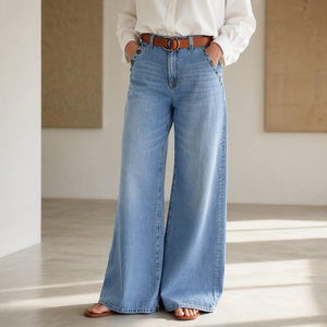 Jean tendance 2026 pour femme, bleu clair vintage, taille haute, coupe large, en <span class=keywords><strong>denim</strong></span> écologique délavé, avec poches décoratives à boutons - Product Image 5