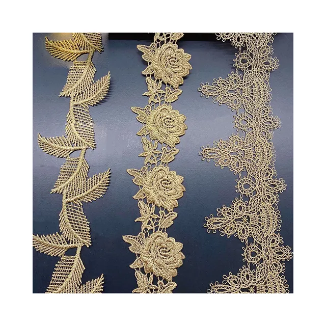 Adorno de encaje bordado de guipur dorado para decoración de ropa, novedad