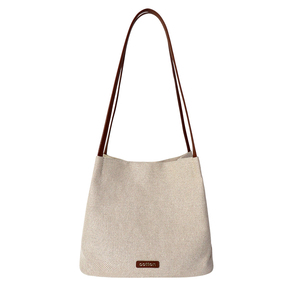Wholesale Beige Canvas <b>Hobo</b> <b>Bag</b> with Brown Trim, Custom Logo <b>Slouchy</b> Shoulder <b>Bag</b> for Women OEM Factory - Product Image 1