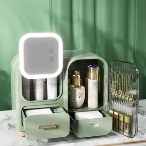 Hot Sale Dustproof Plastic Jewelry Organizer Makeup Bin Skincare Shelf Desktop Cosmetic Storage Box with LED Mirror