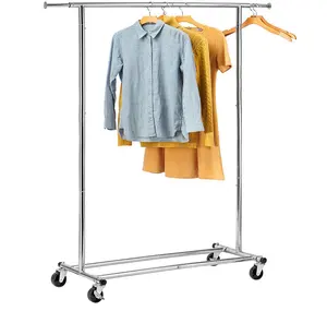 Grosir Double Rod Pakaian Garment Rack Rolling Pakaian Organizer Di Atas Roda untuk Menggantung Pakaian