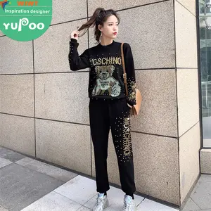 Wholesale Autumn Latest Design Sexy Women Fashion Beaded Knitted Long Sleeve Round Collar Top And Long Pants Two Piece Set