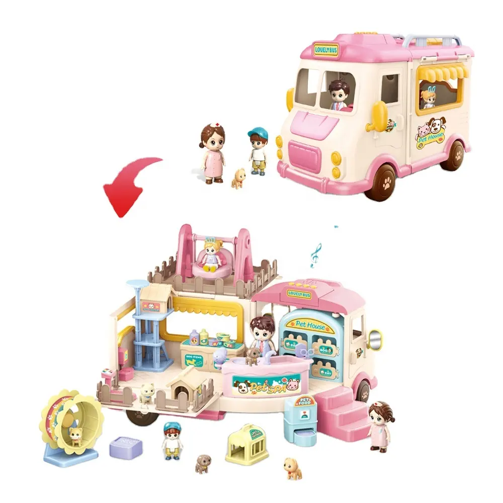 Mooie Alsof Pet House Auto Speelgoed Doe-Het-Zelf Educatieve Stripfiguren Kids Bus Speelgoed Glijdende Muziek Pet Car Speelgoed