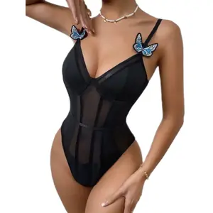 Korset seksi wanita tali kupu-kupu INS Bodysuit tanpa lengan leher V korset Leotard jala tembus pandang Playsuit jumpsuit Bodysuit