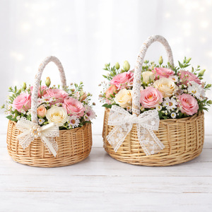 Wicker Flower <b>Basket</b> Round Handmade Standing Type Gift For Wedding Or Garden Decor - Product Image 1