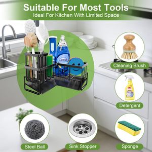 Étagère de rangement en forme de L pour évier avec plateau d'égouttage pour comptoir de cuisine, support pour éponge et brosse à vaisselle, design étanche - Product Image 3