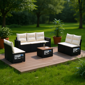 ชุดโซฟาสวนสีดำและครีม เฟอร์นิเจอร์หวายกลางแจ้ง พร้อมเบาะโฟมความหนาแน่นสูง กันน้ำ ดีไซน์ร่วมสมัย - Product Image 2