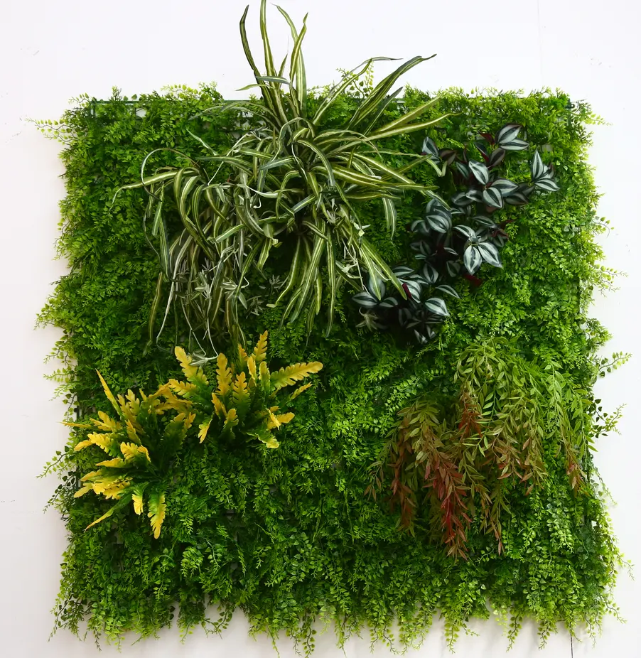 Home Decor Wall 100 × 100センチメートルDifferent Types Leaves Custom Plastic Artificial Ferns Hanging Plants Green Moss Wall Garden Vertical