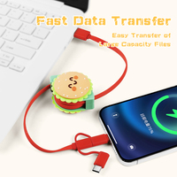 Kabel pengisi daya 3 in 1, desain Hamburger lucu Multi Usb C dapat ditarik
