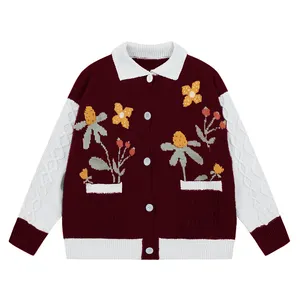 Custom Knitwear Oem Design Polo Neck Camisola de malha Cardigan 100% algodão orgânico Jacquard Flower Pattern Sweater para homens