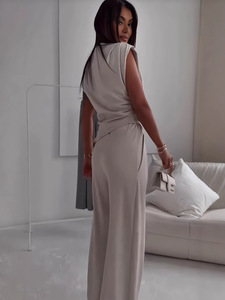 Conjunto de 2 Piezas para <span class=keywords><strong>Mujer</strong></span>, Elegante Top sin Mangas con Cuello Alto y Pantalones Anchos a Juego, Traje Casual para Estar en Casa con Bolsillos - Product Image 4