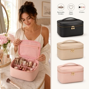 Portable Travel <b>Makeup</b> Bag Large Cosmetic <b>Case</b> with Mesh Pocket Adjustable Divider Handle PU Toiletry Organizer for Women Girls - Product Image 5