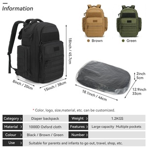<span class=keywords><strong>Sac</strong></span> à <span class=keywords><strong>dos</strong></span> à langer tactique inspiré de l'armée en nylon Cordura 1000D imperméable <span class=keywords><strong>avec</strong></span> sangles Molle, capacité 34L, fermeture éclair et matelas à langer - Product Image 6