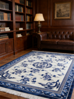Tapis de sol traditionnel chinois bleu et blanc à motifs floraux en laine à poils longs sans colle pour salon