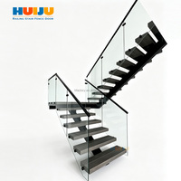 Escalier flottant intérieur moderne et minimaliste HJ pour villa, avec rampes en verre trempé sans cadre, haut de gamme et transparent