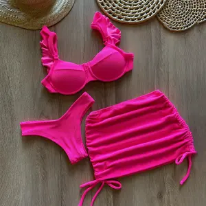 Custom Female Swimwear Beachwear Three Pieces Luxury Bikini Rhinestone Over Up Smock Shiny Sarong Pareo Bikini Set