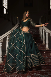 Mimosa Dark Green Cotton <b>Silk</b> Gota Patti Work Lehenga with Jaal Work <b>Organza</b> Dupatta and Stitched Blouse For Wedding Wear - Product Image 6