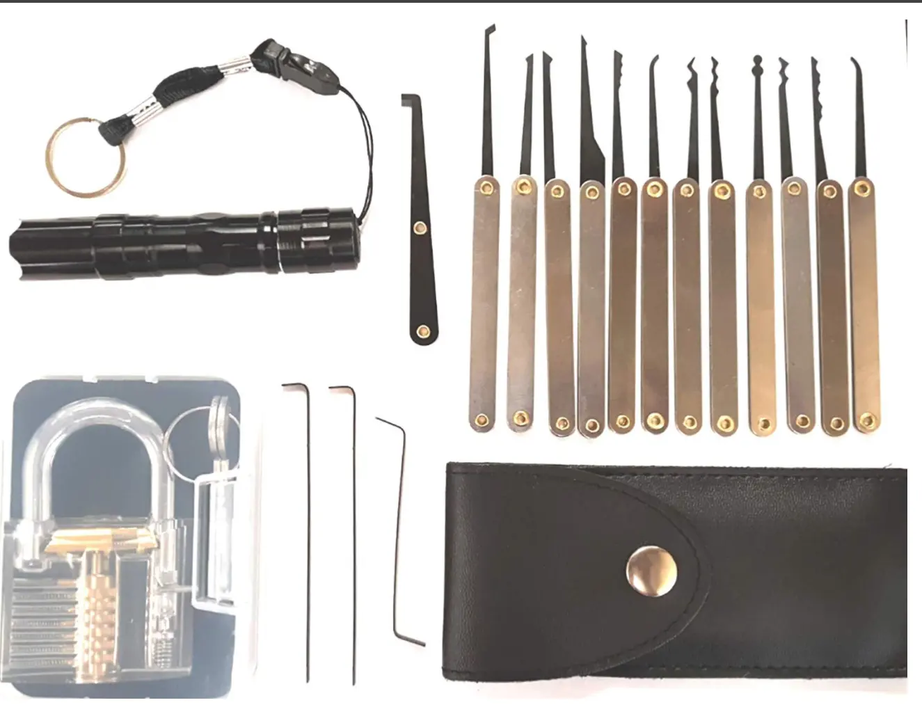 Set di grimaldelli da 15 pezzi con serrature trasparenti + torcia per fabbro Kit di strumenti per la raccolta di principianti Set di allenamento