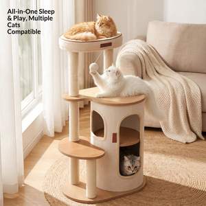 Arbre à chat en bois multi-niveaux pour intérieur, avec condo cylindrique spacieux, plateformes de saut à plusieurs hauteurs et poteaux à gratter en sisal pour chats. - Product Image 3