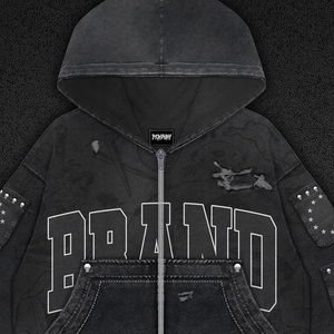 Sweat à capuche zippé oversize noir pour homme, style streetwear, avec motif imprimé lettres, poche avant, manches classiques, en molleton bouclette - Product Image 5