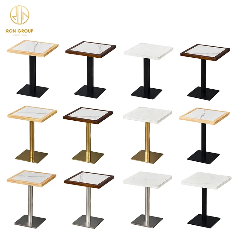 Custom square oak Coffee Shop Commercial Furniture Solid metal gold bistro small cafe Wood marble wooden Restaurant table