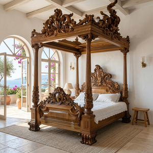 Luxury Hand Carved Teakwood King Four Poster <b>Bed</b> Antique <b>Royal</b> Palace Style Bedroom Furniture - Product Image 4