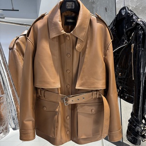 Giacca in Vera <span class=keywords><strong>Pelle</strong></span> di Pecora da Donna Autunno 2025, Monopetto con Cintura, Marrone, <span class=keywords><strong>Oversize</strong></span> - Product Image 2