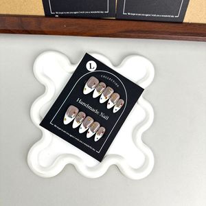 Lot de 10 faux ongles en gel press-on, <span class=keywords><strong>forme</strong></span> amande courte, style français, luxueux, irisés, peints à la main, réutilisables pour mariage et fête - Product Image 3