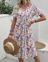 Robe midi décontractée d'été pour femmes, à manches courtes, coupe évasée, avec poches, col en V, motif floral, pour la plage, lavable