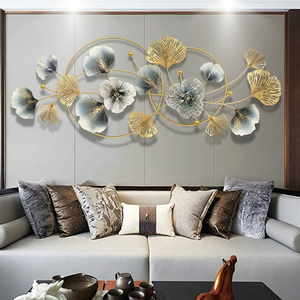 Escultura de Pared de Metal Dorado de Lujo Nórdico, Decoración de Pared con Anillo de Hojas de Ginkgo y Loto Azul Blanco para el Fondo del Sofá, Hotel, Villa - Product Image 1