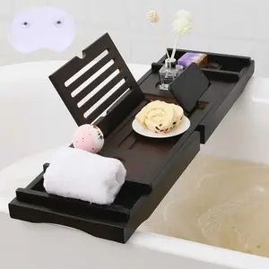 Plateau de baignoire de luxe extensible, plateau avec livre et porte-vin, organisateur en bois de bambou, plateau de lit pour salle de bains, savon gratuit, gris