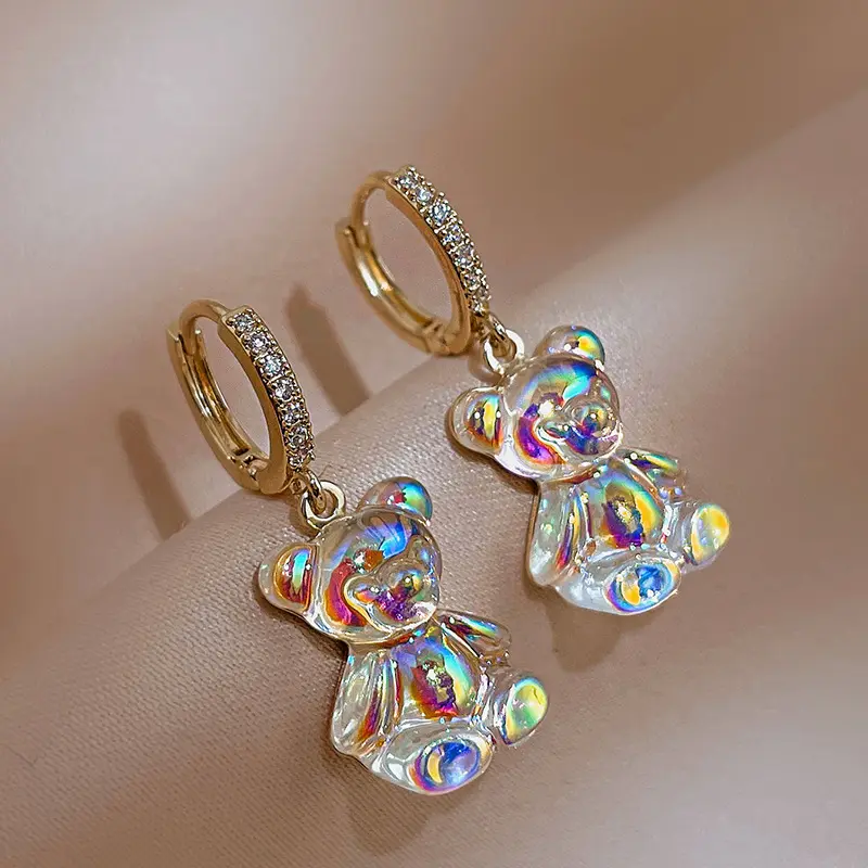 Bear CZ Hoop Earrings 2022 Korean Fashion Sweet Girl Jewelry Cute Acrylic Candy Gummy Bear Dangle Earrings Rainbow for Women