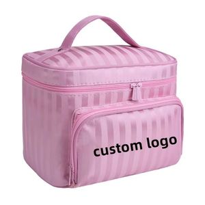 Bolsa de Maquillaje Profesional a Rayas, Organizador de Artículos de Aseo, Portátil, de Gran Capacidad, con Espejo, para Mujer - Product Image 1