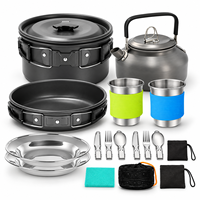 Ensemble de cuisine de camping en aluminium anodisé, poêle, casserole, théière, tasse avec manches en silicone pour la randonnée et les pique-niques
