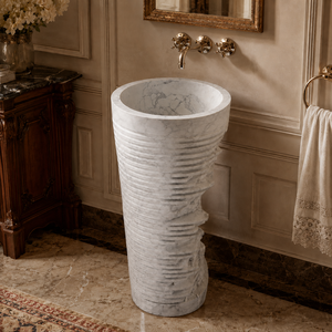 Poulars Wholesale Luxury lavabo autoportant en pierre naturelle et marbre Arabescato Corchia, avec piédestal en pierre artificielle - Product Image 5
