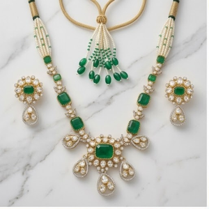 Ensemble de collier en argent 925 royal avec émeraude, bijoux de mariée de créateur, collier de perles traditionnel avec boucles d'oreilles pour femmes - Product Image 2