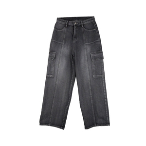 Pantalones vaqueros de cintura baja personalizados <span class=keywords><strong>para</strong></span> <span class=keywords><strong>mujer</strong></span>, talla XXL, pantalones vaqueros de pierna ancha lavados grises con costuras delanteras <span class=keywords><strong>para</strong></span> novio, <span class=keywords><strong>ropa</strong></span> de <span class=keywords><strong>mujer</strong></span> de talla grande, pantalones vaqueros Cargo - Product Image 3