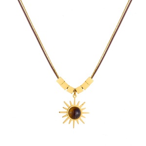 Maillard Retro Simulated Tiger Eye Gold Plated Sun Pendant Beaded Square Wax <b>Rope</b> <b>Chain</b> Necklace Daily Wear Fashion Jewelry - Product Image 5