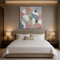 Peinture à l'huile sur toile 100% originale faite à la main, motif terrazzo abstrait, rose vert, art mural carré pour salon, décoration intérieure